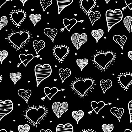 Seamless romantic pattern with hand drawn white hearts. Colorful doodle hearts on black background. Ready template for design, postcards, print, poster, party, Valentine's day, vintage textile.&#xD;のイラスト素材