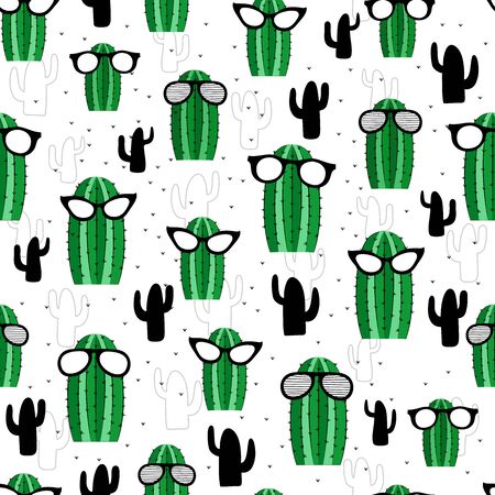 Cacti with sunglasses seamless pattern. Hand drawn textured decorative illustration. Vector succulents. Vector seamless pattern for stylish fabric design, paper, web.&#xD;のイラスト素材