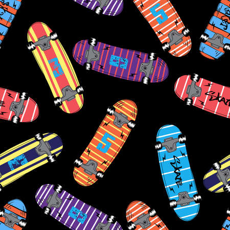 Seamless skateboard pattern. Seamless youth background with skateboard. Prints for t-shirts, textiles, children clothing.のイラスト素材