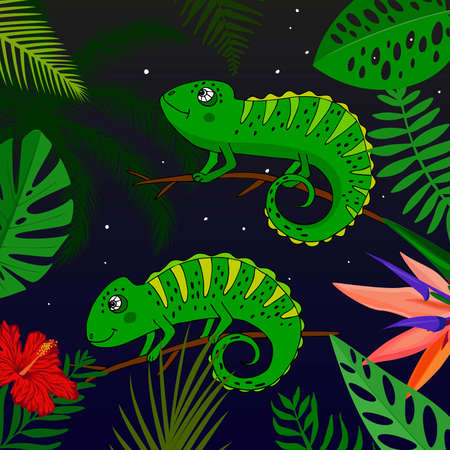 Cute cartoon chameleon with tropical leaves and flowers. Vector illustration, hand-drawn flat style.のイラスト素材