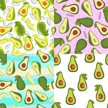 Set vector seamless background with avocado fruit slices on a different background. Texture for eco and healthy food seamless pattern for kitchen, for printing on summer textiles and phone case.のイラスト素材