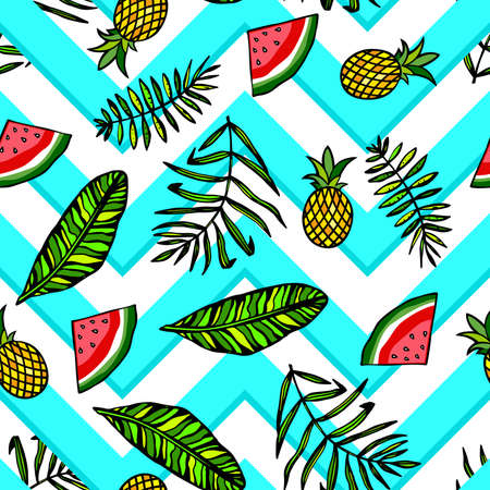 Fashion tropics funny wallpapers. Seamless pattern with bright pineapples, slice watermelon and leaves. Bright summer fruits illustration. Fruit mix design for fabric and decor.のイラスト素材