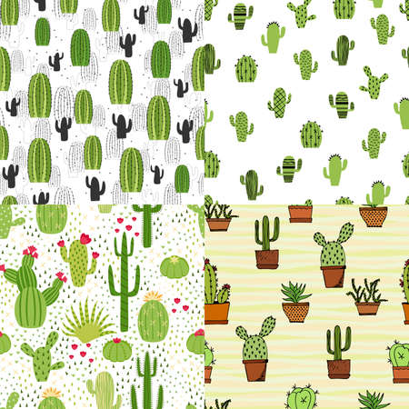 Set seamless cute cactus illustration. Tropical pattern of different cacti, aloe and flowers. Print for fabric, phone case and wrapping paper.のイラスト素材