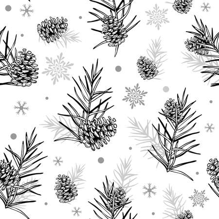 Cones and Christmas tree. Seamless botanical hand drawn vector background. Ideal for greeting cards, backgrounds, holiday decor, fabric and phone case.のイラスト素材