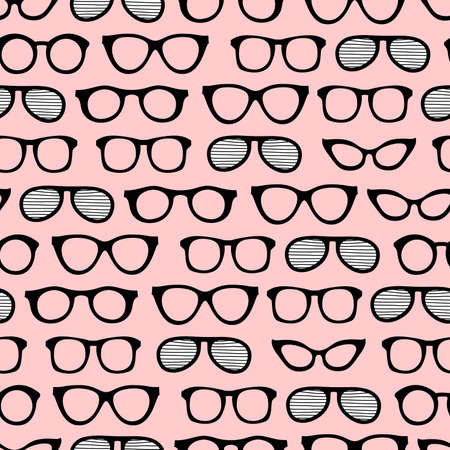 Seamless summer pattern with sunglasses for art, design and advertising. Cartoon colorful sunglasses on pink background. Summer vacation design.のイラスト素材
