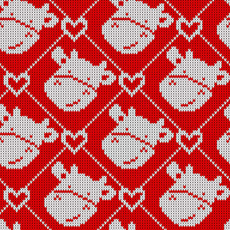Seamless knitted pattern with pretty cow and heart. Funny Christmas background for fabric, wrapping paper and kitchen textile.のイラスト素材