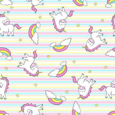 Seamless pattern with little unicorns, stars on stripp background. Ideal for kids clothes, fabric.のイラスト素材