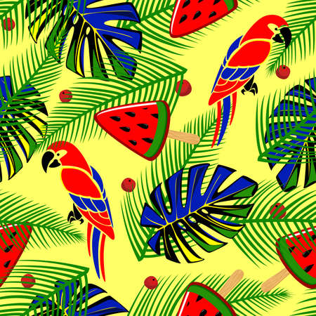 Floral background with tropical leaves and parrots on yellow background. Vector seamless pattern for stylish fabric design, paper, web.のイラスト素材