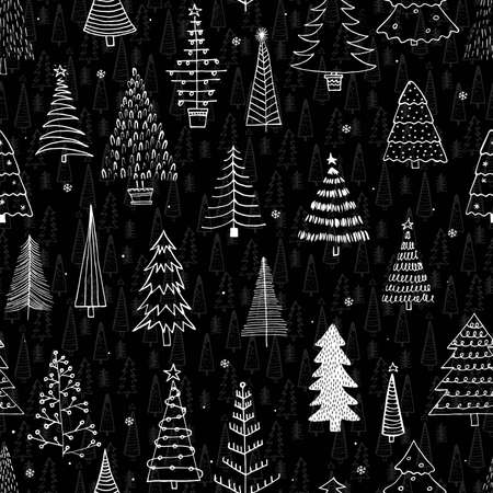 Seamless pattern with different Christmas trees. Black liner rough hand drawing. New Year fir-trees decoration doodle sketch. Can be used for fabric, phone case and wrapping paper.のイラスト素材
