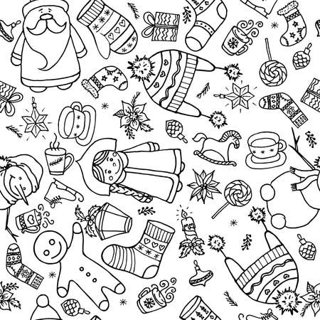 Doodle Christmas cute drawings seamless pattern. Vector illustration for cover, card, textile and interior design, wrapping paper for New Year.のイラスト素材