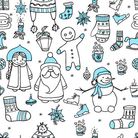 Doodle Christmas cute drawings seamless pattern. White and blue color. Vector illustration for cover, card, textile and interior design, wrapping paper for New Year.のイラスト素材