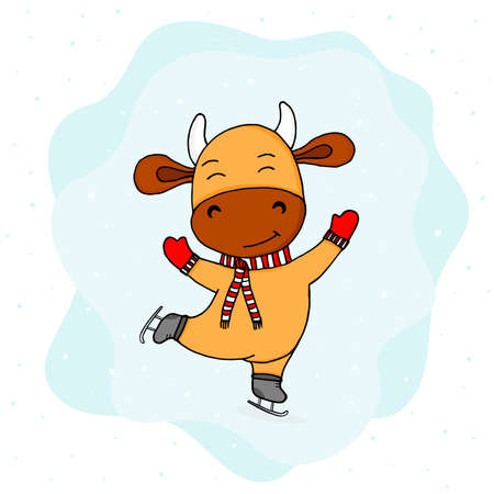 Funny cow on skates. Vector illustration of winter cow. Symbol of 2021. Happy New year greeting card and poster.のイラスト素材