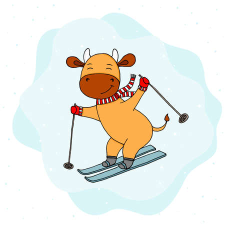 Funny cow with scarf on ski. Illustration of winter cow. Symbol of 2021. Happy New year greeting card and poster.のイラスト素材