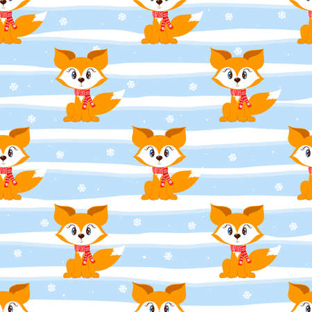 Vector seamless winter pattern with cute fox with scarf and snowflakes. Sample children background for web, covers, banners, decoration, fabric.のイラスト素材