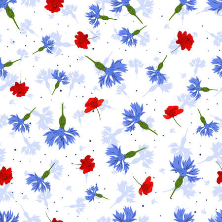 Vector seamless pattern with blue cornflowers and red poppies on white background.のイラスト素材