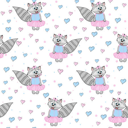 Cartoon raccoon in a dress with hearts. Seamless funny pattern. Print for kids clothes and element design.のイラスト素材