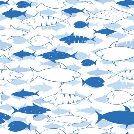 Blue funny print with sharks and fish. Print for fabric and wrapping paper.のイラスト素材