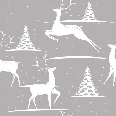 Seamless Christmas pattern - deers and trees with stars. Gray Happy New Year background. Vector design for fabric and kitchen textil.のイラスト素材