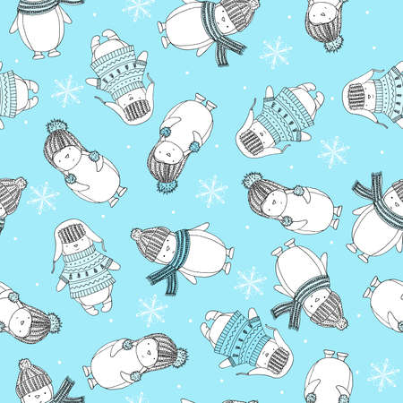 Seamless pattern with funny penguins in knitted clothes and snowflakes. Merry Christmas pattern blue.のイラスト素材