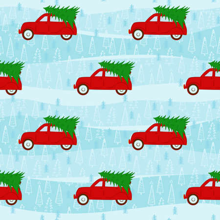 Cartoon seamless pattern retro red car with tree. Christmas seamless pattern. Vector hand drawn background for design and decoration textile, covers, package, wrapping paper.のイラスト素材