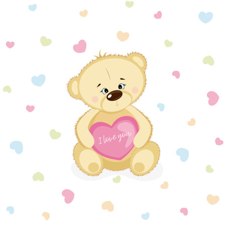 Cute smiling Teddy Bear in love with pink heart. Valentines day postcard.のイラスト素材