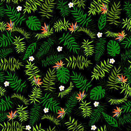 Seamless green leaves and exotic flowers. Tropical background. Print for web, fabric and wrapping paper.のイラスト素材