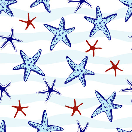 Hand drawn sea stars seamless. Marine illustration shell. Print for fabric, wallpaper, wrapping paper, textile, bedding, t-shirt.のイラスト素材