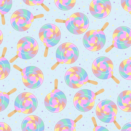 Bright colored lollipop. Rainbow spiral ball and sweet sprinkling. Seamless background for kids clothes.のイラスト素材