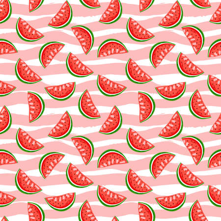 Sweet watermelon on stripes background. Summer seamless pattern.のイラスト素材