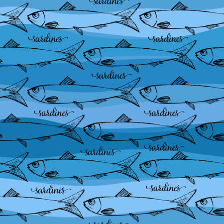 Vector seamless pattern of Portuguese sardines on blue strip background.のイラスト素材