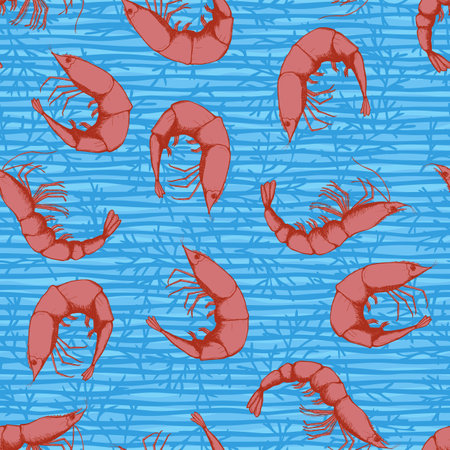 Hand drawn seafood seamless pattern. Shrimp background sketch style prawn. Vector illustration.のイラスト素材