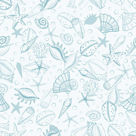 Hand drawn sea shells, seaweed and stars seamless collection. Marine illustration shell. Ideal for fabric, wallpaper, wrapping paper, textile, bedding, t-shirt print.のイラスト素材