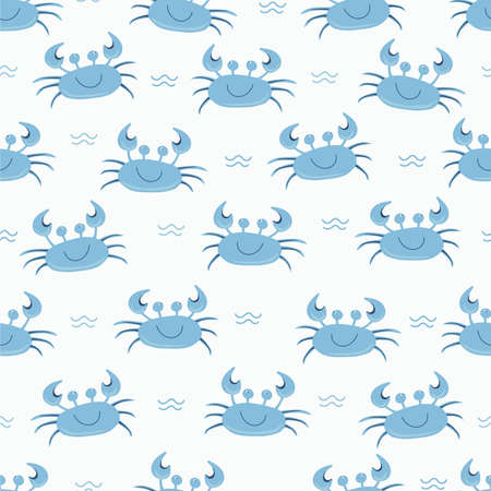 Seamless cute blue crab pattern, cartoon hand drawn animal doodles. Vector illustration background. Funny crabs with waves.のイラスト素材