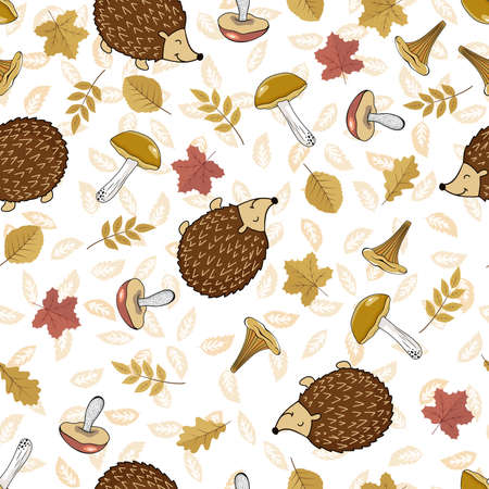 Cute hedgehogs with leaves and mushrooms. Seamless autumn pattern for fabric, wrapping papper.のイラスト素材