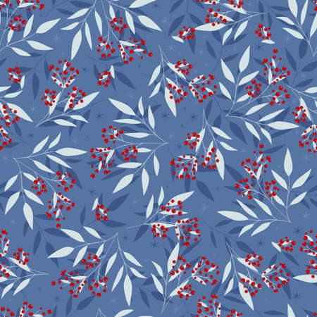 Christmas twigs with red berries and stars. Seamless winter pattern.