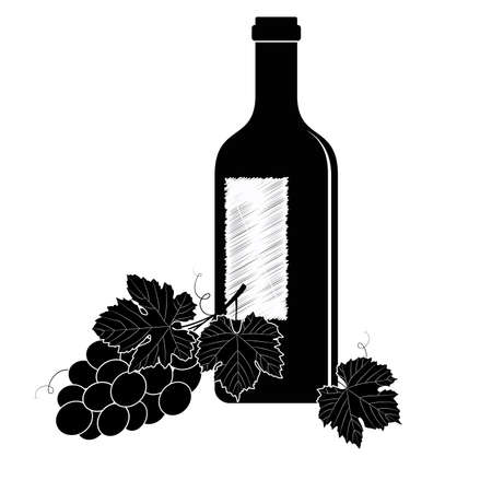 Wine set, hand drawn monochrome vector. Bottle wine and grape.のイラスト素材