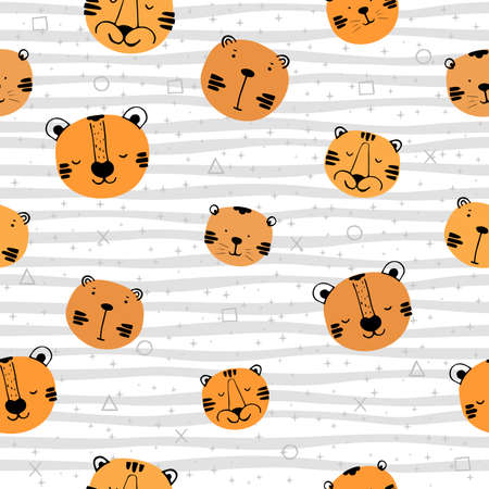 Cute seamless background with tiger head.のイラスト素材