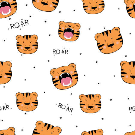 Cute head tigers. Seamless funny pattern with cartoon tigers.のイラスト素材