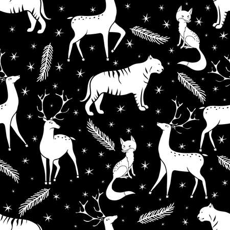 Christmas background. Seamless pattern with tigers, fox, deers and snowflakes. Vector forest illustration.のイラスト素材