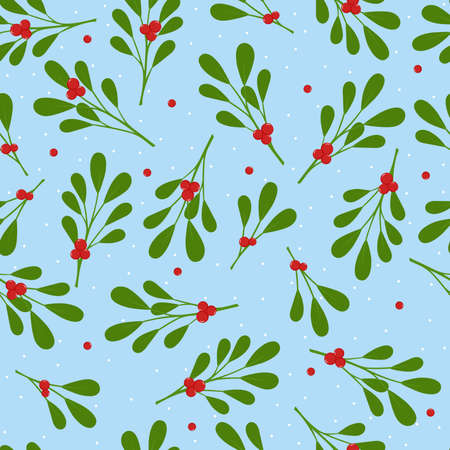 Mistletoe twigs seamless pattern. Christmas seamless pattern with leaves and red berries.のイラスト素材
