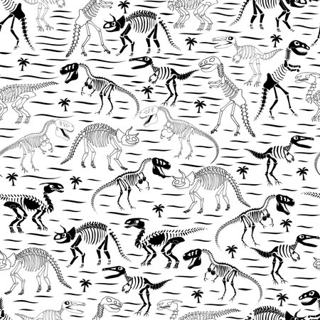 dinosaur skeletons with palm trees on a striped backgroundのイラスト素材