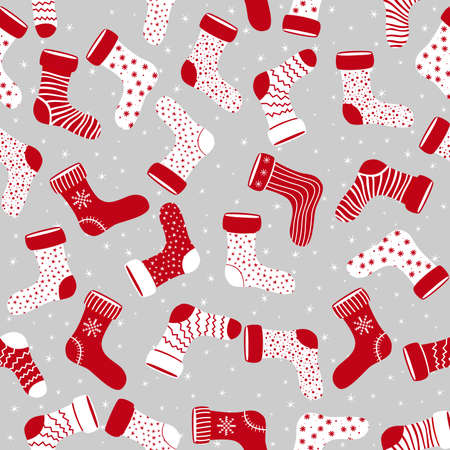 Seamless vector pattern with different Christmas socks. Seamless pattern for clothes.のイラスト素材