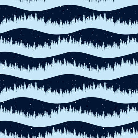 Seamless winter forest pattern. Print with Christmas trees and snowflakes.