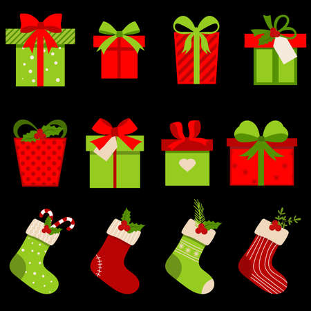 Christmas stocking, sock, boot, boxes. Xmas icon, decoration element, vector illustration on white background. Cute Christmas stocking, flat style icon, decoration element.のイラスト素材