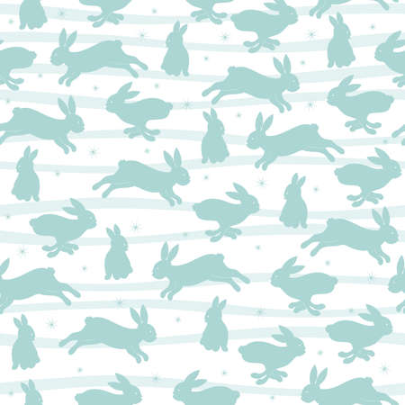 Seamless winter pattern with hares, snowflakes and strip.のイラスト素材