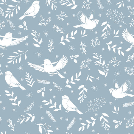 Winter seamless vector pattern with holly berries, bird and christmas branch. Part of Christmas backgrounds collection. Can be used for wallpaper, pattern fills, surface textures, fabric prints.のイラスト素材