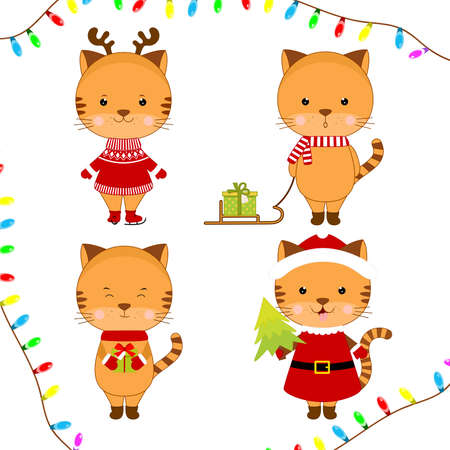 Vector illustration cartoon tiger. Little cute kittens christmas. Post card for new year.のイラスト素材
