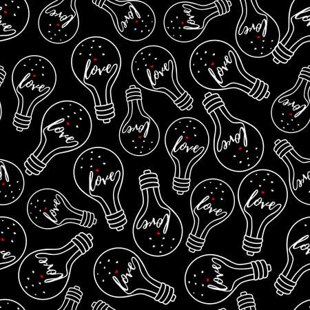 Hand drawn seamless pattern with light bulb, heart. Idea, love symbol, heart. Sketch.のイラスト素材