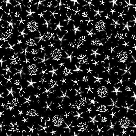 Stylized sea pattern with stars and seaweeds. Seamless marne pattern.のイラスト素材