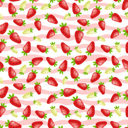 Vector cartoon seamless pattern with red and green strawberries on stripのイラスト素材